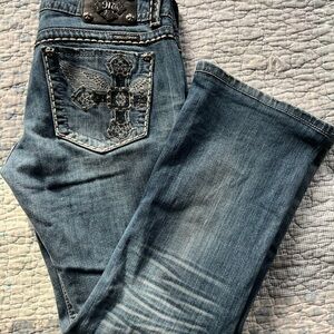 Miss Me Blue Boot Cut Jeans with Cross Embellishment